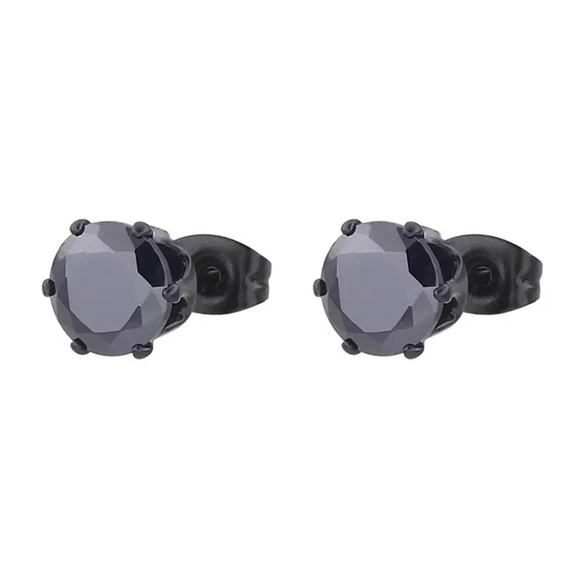 🐘🐘 Men’s Stainless Steel Black Sapphire Stud Earrings - Picture 8 of 9